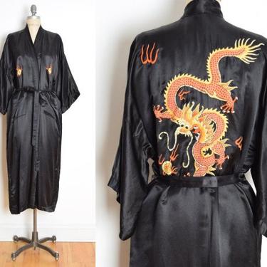 vintage 70s silk kimono black embroidered DRAGON duster bed jacket wrap Asian robe clothing 