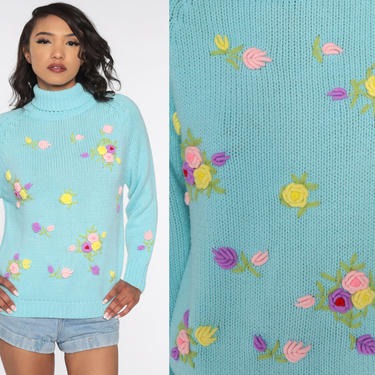 Floral EMBROIDERED Sweater 70s Boho Sweater Knit Bohemian Baby Blue Pastel Sweater Turtleneck 1970s Pullover Vintage Jumper Retro Medium 
