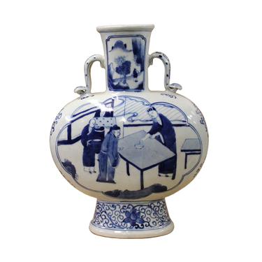 Chinese Blue White Porcelain People Graphic Oval Flat Body Vase ws375E 