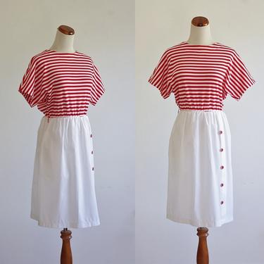Vintage Red & White Striped Dress, 80s Short Sleeve Dress, Cotton Dress, Petite Dress, Preppy Summer Dress, Small Petite 