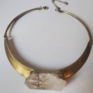 Vintage gold tone choker with crystal quartz point and sculptured art by Amanda Alarcon-Hunter  for Minx and Onyx 