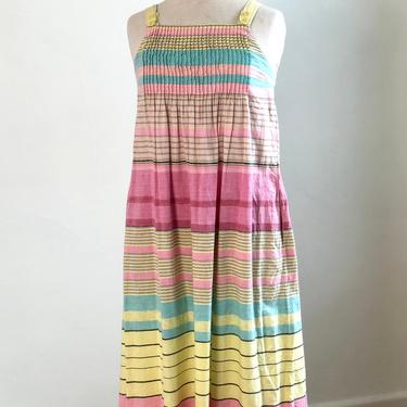 Vintage 1970s 1980s 80s Indian Cotton Midi Sun Day Dress Striped Pin Tuck Pleated Boho Bohemian Pastel Pockets Overalls Adjustable Straps 