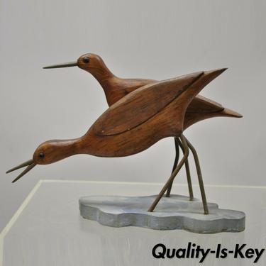 Vintage Mid Century Modern Carved Teak Wood 2 Bird 12" Figure Sculpture