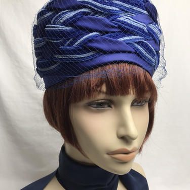 50’s 60’s Mod pillbox hat~ stylish Periwinkle blue braided tall women’s hat~ veil netting mesh~ 1960 Jackie O by HattiesVintagePDX
