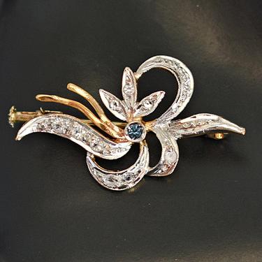 Elegant 50's 925 silver gold wash blue &amp; clear rhinestone floral spray brooch, lovely partial vermeil sterling paste gems reed bling pin 
