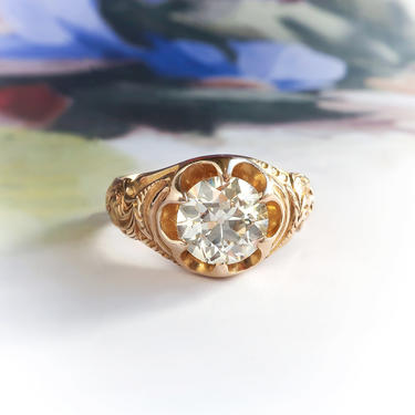 SOLD--- Final Installment Payment Due 03/11---Antique Solitaire Ring Art Nouveau 1.65ct Old European Cut Diamond Belcher Ring 14k Gold 