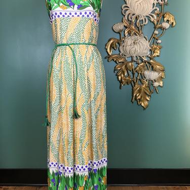 1970s maxi dress, border print, vintage 70s dress, mod floral, yellow and green, polka dot dress, medium, elverhoj couture, summer sheath 
