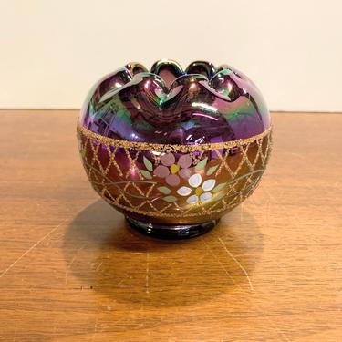 Vintage Fenton Glass Plum Carnival Hand Painted Rose Bowl Museum Collection 