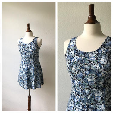 Vintage blue floral babydoll summer dress with corset back size xs 