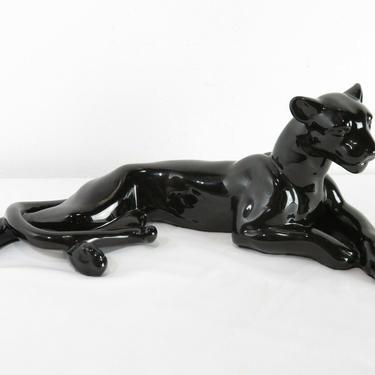 VTG Mid Century RECLINING BLACK PANTHER LEOPARD CERAMIC ART Retro Cat SCULPTURE