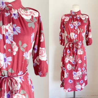 Vintage 1970s Mauve Pink Floral Dress / M 