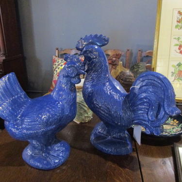 PAIR OF LARGE BLUE CERAMIC ROOSTERS
