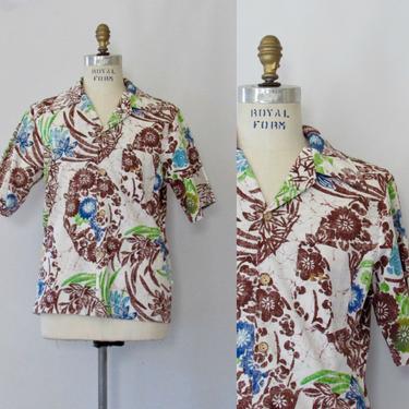 HANG TEN Vintage 70s Hawaiian Surf Shirt | 1970s Floral Print Feet Logo | Hawaii Aloha , Tiki Resort, California Surfer | Mens Size Medium 