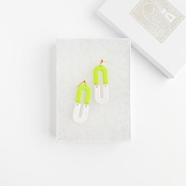 IVY in Chartreuse + White Speckle | Polymer Clay Statement Earrings, Modern Minimalist Art Deco Earrings, Hypoallergenic, Arch Design 