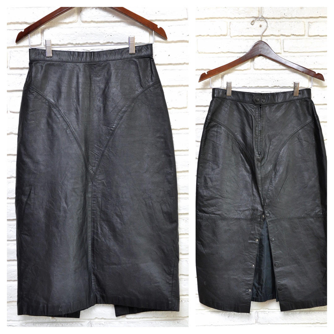 Vintage Black Leather Pencil Skirt Sexy Mid Calf Skirt with | The ...