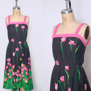 Vintage 70s tulip print sun dress / bright floral print sleeveless dress / black cotton dress / gradient floral print dress 