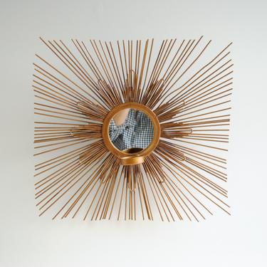 Vintage Starburst Mirror with Candle Holder, Mid Century Gold Metal Wall Sun Wall Mirror 