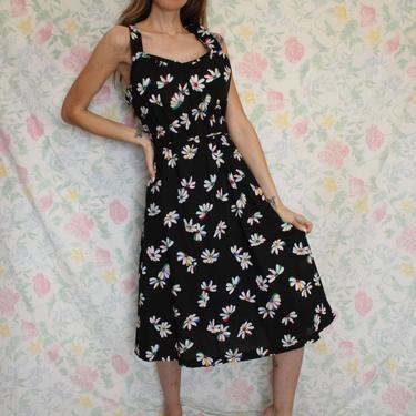 70s Vintage Black Daisy Floral Hand Made Midi Dress in Primary Colors, Fit and Flare, Size Medium 