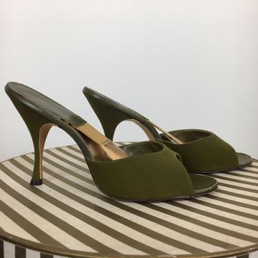 1950s springolators, vintage 60s shoes, olive green heels, 1950s mules, Polly style heels, size 8 1/2, mrs maisel style, Scasini 