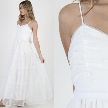 Vintage 70s White Wedding Dress Sheer Chiffon Wedding Dress 1970s Prairie Bridal Dress Solid Color Sweeping Tiered Long Skirt Maxi Dress 