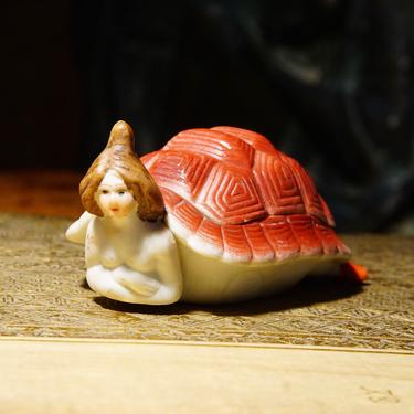 Antique Risqué Lady In Tortoise Shell Ceramic Figurine, Exposed Bare Butt, Eclectic Tchotchke, Made In Japan, 4” L x 2 1/2” L x 1 3/4” H 