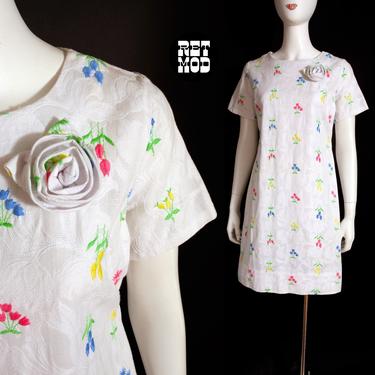 Precious Vintage 60s White Textured Cotton Shift Dress with Flower Embroidery &amp; Rosette 