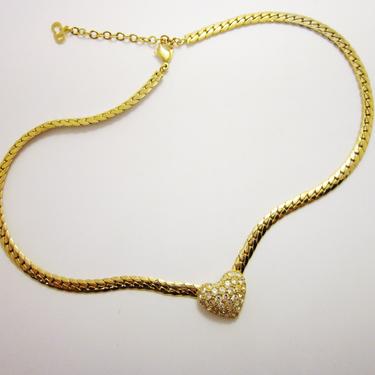 Vintage Christian Dior Pave Rhinestone Heart Necklace with Gold Tone Silky Snake Chain Perfect Designer Valentine's Jewelry 