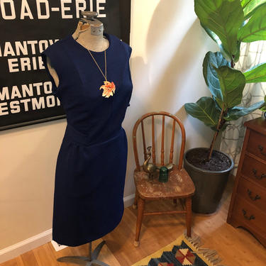 1960s MOD blue mini dress with sash textured stretch knit babydoll L 