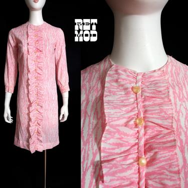 So Precious Vintage 60s 70s Pink & White Brutalist Abstract Print Shift Dress with Huge Ruffle 
