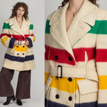 Vintage Hudson's Bay Belted Striped Coat - Men's Large | 60s 70s Wool Button Up Winter Overcoat 
