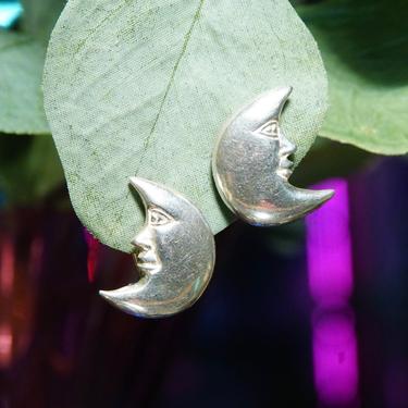 Vintage Signed Sergio Bustamante Sterling Silver Crescent Moon Man Earrings, Omega Back Half Moon Stud Earrings, Celestial, 925 MEX, 7/8&quot; L 