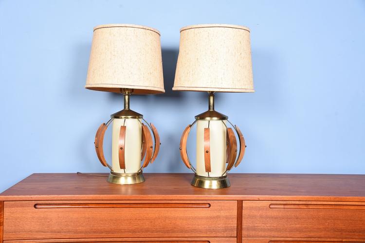 Pair of Very Mid-Century Walnut &#038; Brass Table Lamps