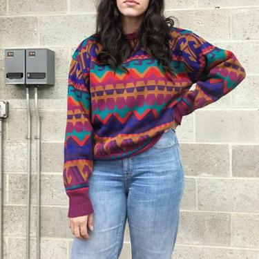 Vintage Sweater Retro 1980s Meister + Size Large + Multi Color + Crewneck + Ski Sweater + Aztec Print + Unisex + Cold Weather Apparel 