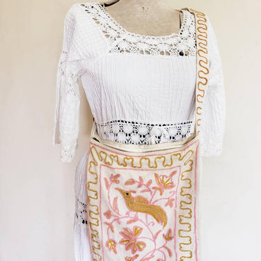 Vintage Embroidered Bird Shoulder Bag India Cotton Cream Yellow Pink / 1960s 1970s Hippie Boho Bag Traditional Asian Embroidery / Alpana 