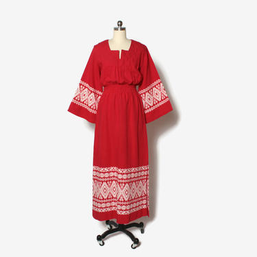 Vintage 70s Guatemalan DRESS / 1970s Boho Red Woven Cotton Blue Bell Sleeve Maxi Dress by luckyvintageseattle