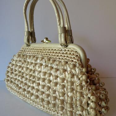 Vintage  1960's Ivory Raffia Beaded Purse Handbag with Top Handles Rockabilly 60's Accessories 
