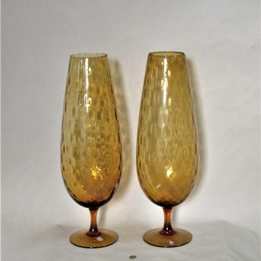 Paired Mid Century Modern Empoli Murano Amber Topaz Vase Italian Hand Blown Art Glass 