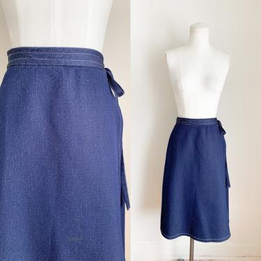 Vintage 1980s Poly Knit Navy Wrap Skirt / 31-32&amp;quot; 