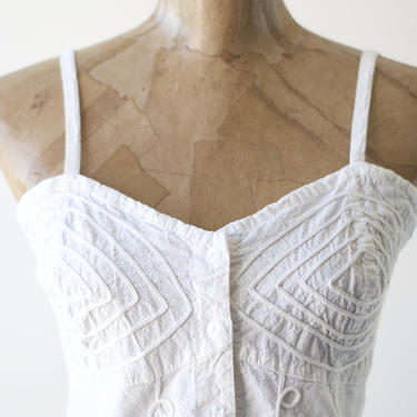 90s Vintage White Cotton Embroidered Bustier Tank Top by Giocam Peru Sweetheart Buttons Up Corset Floral Vine Fringe Spaghetti Strap Blouse 
