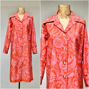 Vintage 1960s Mexican Folk Art Dress, 60s Whimsical Pink Orange Cotton Shirt Dress by Kristian, Hecho en Mexico, Medium 38&quot; Bust 