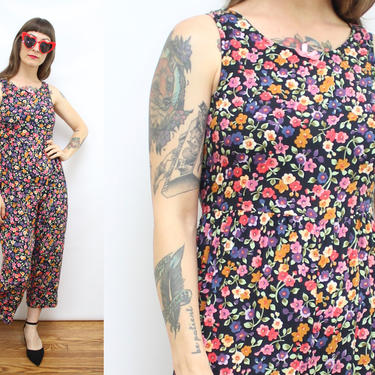 Vintage 90's Cropped Leg Floral Jumpsuit / 1990's Spring Floral Rayon Jumpsuit / Summer / Sleeveless / Women's Size XS - Small Petite by Ru