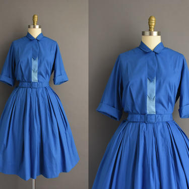 1950s vintage dress | Classic Royal Blue Cotton Full Skirt Short Sleeve Summer Dress | Large | 50s dress 