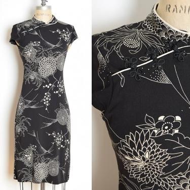 vintage Y2K dress black floral mum print Asian Chinese Mandarin mini dress XS 
