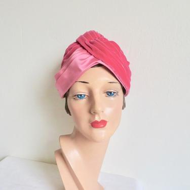 Vintage 1960's Pink Velvet and Satin Turban Beehive Hat Formal Special Event Norman Durand Retro 60's Millinery Size 22.523 
