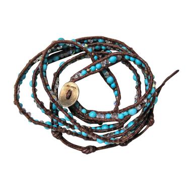 Chan Luu - Brown Leather Woven Wrap Bracelet w/ Clear & Turquoise Beads