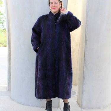 Vintage 1980s Fleurette Maxi Coat XL Women purple black blue mohair 