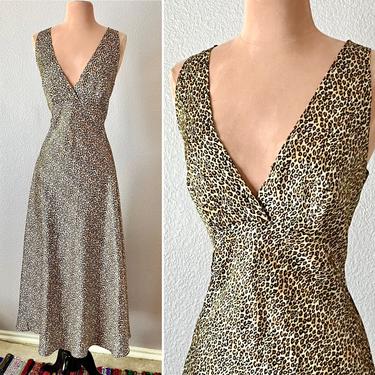 Leopard Print Slip Dress, Maxi, Deep V Neckline, Night Gown, Vintage 70s 80s Animal Print 