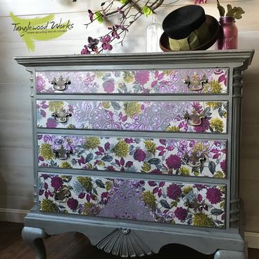 Decoupaged Violet and Grey Floral Dresser