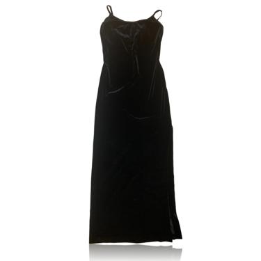 90s Velvet Black Maxi Dress Side Slit // Embroidered Rose // Sténay // Size 4 