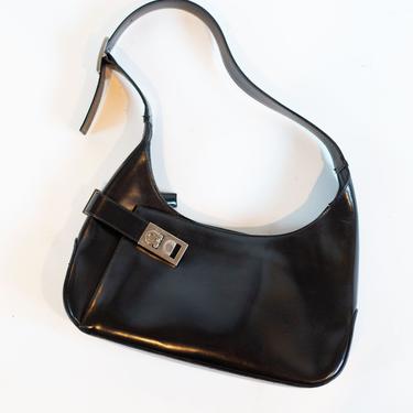 Vintage Salvatore Ferragamo Black Leather Gancini Clasp Hobo Handbag with Silver Hardware Shoulder Bag Made in Italy Minimal 